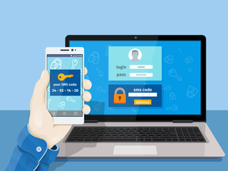 Flat man sitting at desktop and getting access to the website. 2-step authentication SMS code password concept. A man is sitting at a laptop with a mobile phone in his hand.