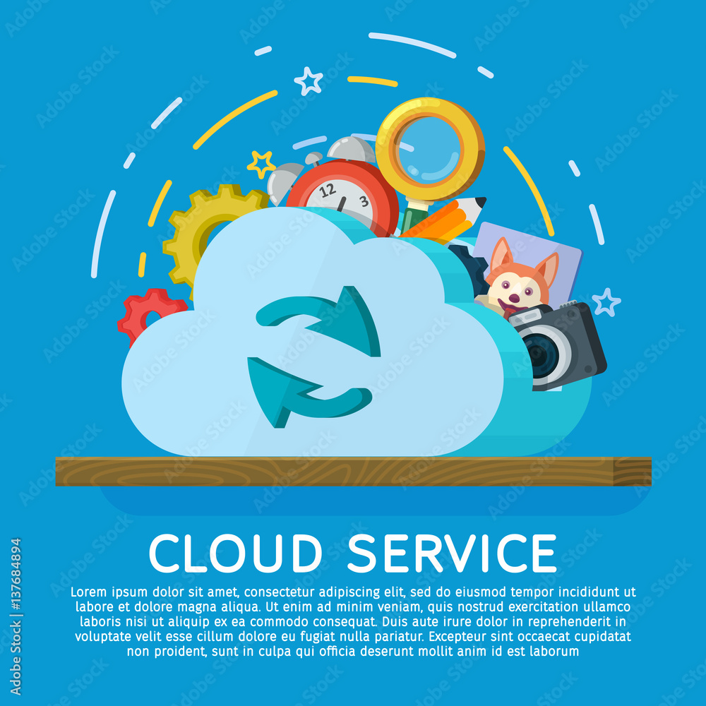 Poster cloud computing services banner in flat style. networking communication and data icons. data provisi