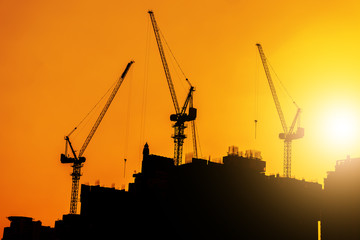 construction cranes silhouette sunset