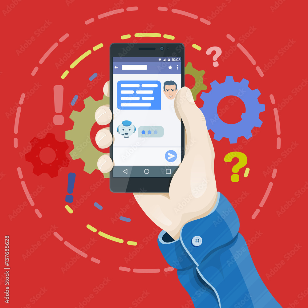 Aufkleber man's hand holding a phone concept. chatbot concept in flat style. hand holding smartphone with chat