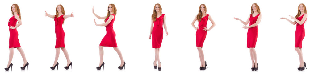 Pretty young girl in red dress isolated on white