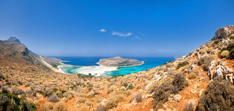 Fantastic panorama of Balos Lagoon and Gramvousa island on Crete, Greece. Cap tigani in the center. Heaven, sun and sea