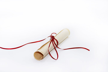 Paper bundle with red ribbon.