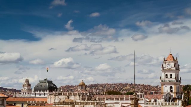 Time lapse - Moving clouds over the cityscape of Sucre, Bolivia
