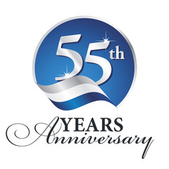 Anniversary 55 th years celebrating logo silver white blue ribbon background