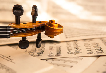 Old violin lying on the sheet of music