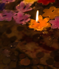 flower candle flame light floating in holy pond with coins underneath, low key, copy space