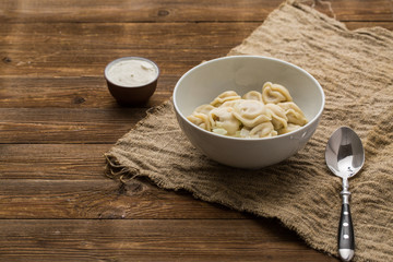 Meat dumplings - russian pelmeni, ravioli with meat on a white plate