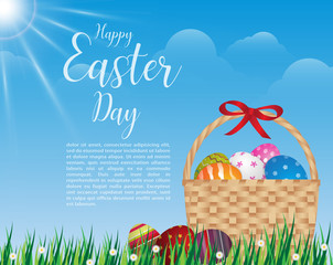 Happy Easter day design Basket of Easter eggs on green grass at sunny day,illustration EPS10.
