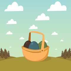 Basket with Easter eggs on a background of forest and sky with clouds