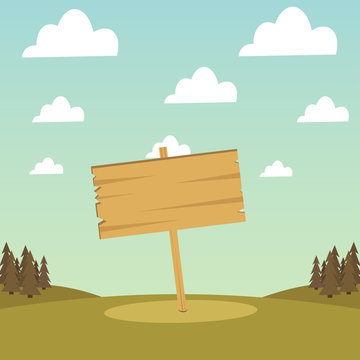 Wooden banner on a background of forest and sky with clouds