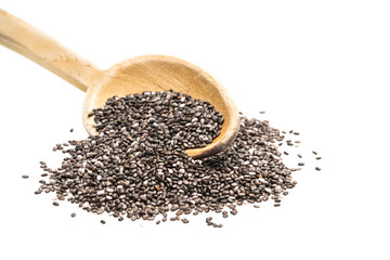 Wooden spoon with chia seeds seeds isolated on white