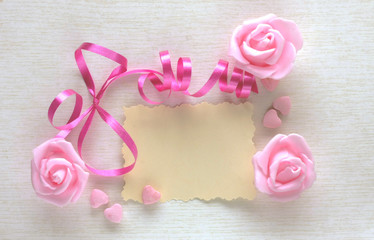 Women's Day card, pink ribbon, rose and paper blank