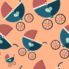 Baby carriage flat icon seamless pattern.