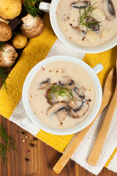 Cream of Mushroom Potato Soup. Selective focus.
