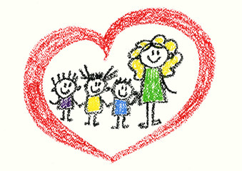 Happy children with teacher and heart shape symbol Kids drawing