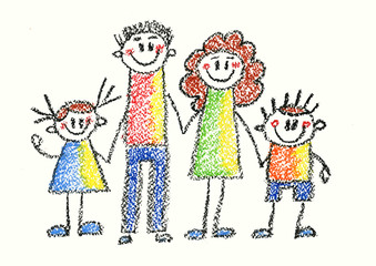 Kids drawing style Happy family Mother, father, son, daughter Happy boy and girl with parents