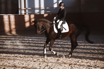Young jockey brave girl rides on a horse show jumping. Rider on the horse sports competitions