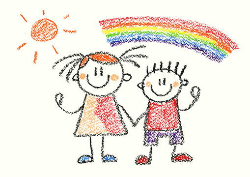 Happy boy and girl with rainbow Crayon illustration isolated on white background
