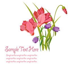 Card, banner with spring flowers bouquet of cyclamen, snowdrops and place for text on a white background.