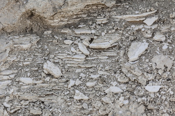 Shear of stratified limestone stone and arid terrain textured background