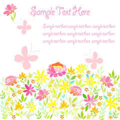 Card, banner with summer garden flowers, butterflies and a place for text.