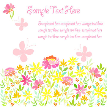 Card, banner with summer garden flowers, butterflies and a place for text.