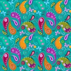 Seamless abstract pattern with butterflies and eastern Indian motifs on a turquoise background.