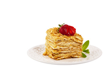Puff Pastry Napoleon Cake Isolated on a white background. Selective focus.