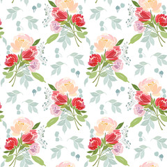 Fototapeta premium Seamless pattern with abstract bouquet of flowers peony, roses and foliage.