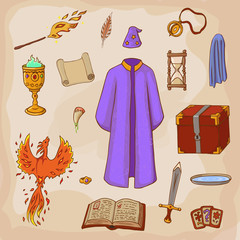 Set to play a wizard. Things magician: mantle, sword, сup, ring, chest, fang, Phoenix, hourglass, mantle of invisibility, cards. Different witch equipment in cartoon style.