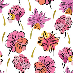 Seamless pattern with abstract colorful flowers in pink and black colors on a white background.