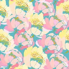 Seamless pattern with abstract yellow and pink peony on a blue background.