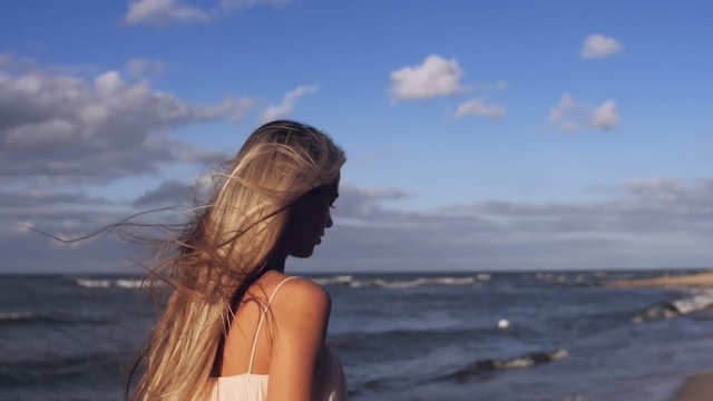 The girl's hair flying in the wind