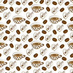 Seamless pattern with cup of coffee, beans, heart and the word coffee 