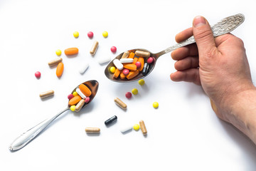 Dependence of tablets / hypochondria / concept / white background.
