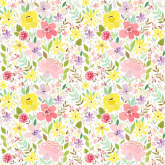 Seamless pattern with garden summer flowers, leaves and grass, plants, herbs