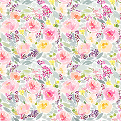 Seamless pattern with flowers peonies, roses, lilacs and foliage.