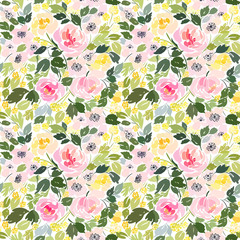 Seamless pattern with peonies, roses and small flowers with foliage, floral design in bright colors.