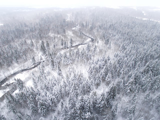 winter landscape photographed from above the forest and river
