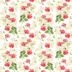 Seamless pattern with poppies and spring flowering sprig, a bouquet of wildflowers.