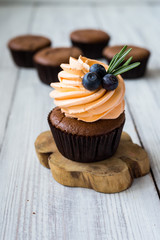 Chocolate cupcakes. Cupcakes. Cupcakes with berries,fruit,strawberries. Top view.colorful cupcake,tasty cake,colorful cream,cupcakes with summer berries on wooden background,close up,dessert concept