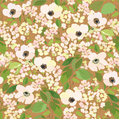 Seamless pattern with tender flowers and bright green foliage on a brown background.