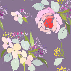 Seamless pattern with tender spring flowers peonies, mimosa, lilac, and foliage on purple background.