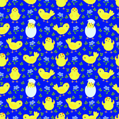 Seamless pattern with yellow chicken eggshell and flowers on a blue background