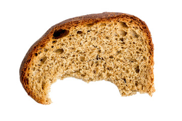Half-eaten piece of dry rye bread isolated on white background