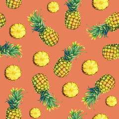 The seamless pattern of of fresh fruit pineapple with green leaves. Hand drawn watercolor painting on orange background.