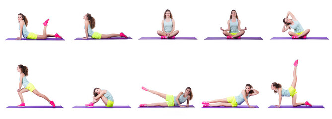 Young female doing exercises on white