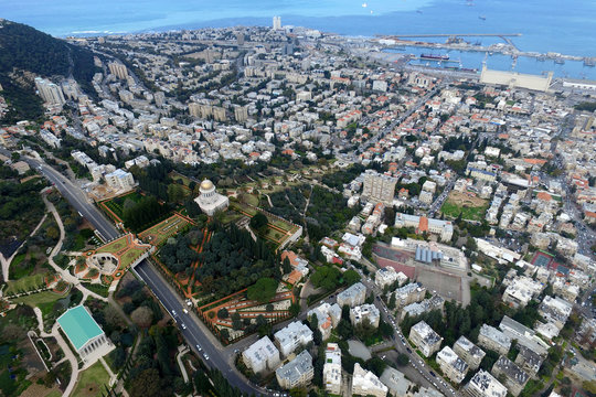 Aerial photo of the Bahai temple and gardens in Haifa, Israel