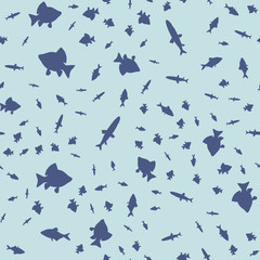 Seamless pattern of different fish in different sizes, floating in a chaotic manner. Vector illustration.
